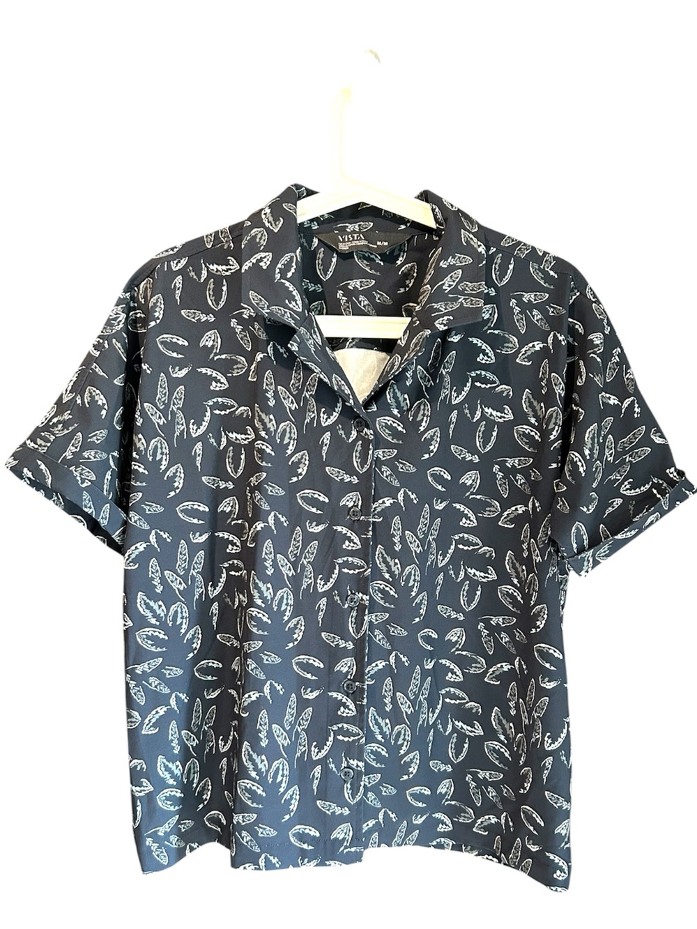 Navy Short-Sleeve Button-Down with White Leaf Print by Vista